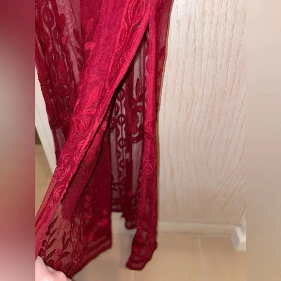 Maroon Deep V-Neck 1/2 Sleeves Sheath Lace Midi Dresses w side slits size small - Picture 15 of 16